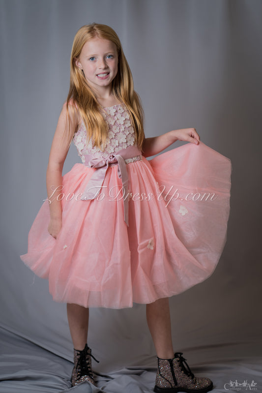 Flowers Appliqué Peach Shiny Tulle Dress
