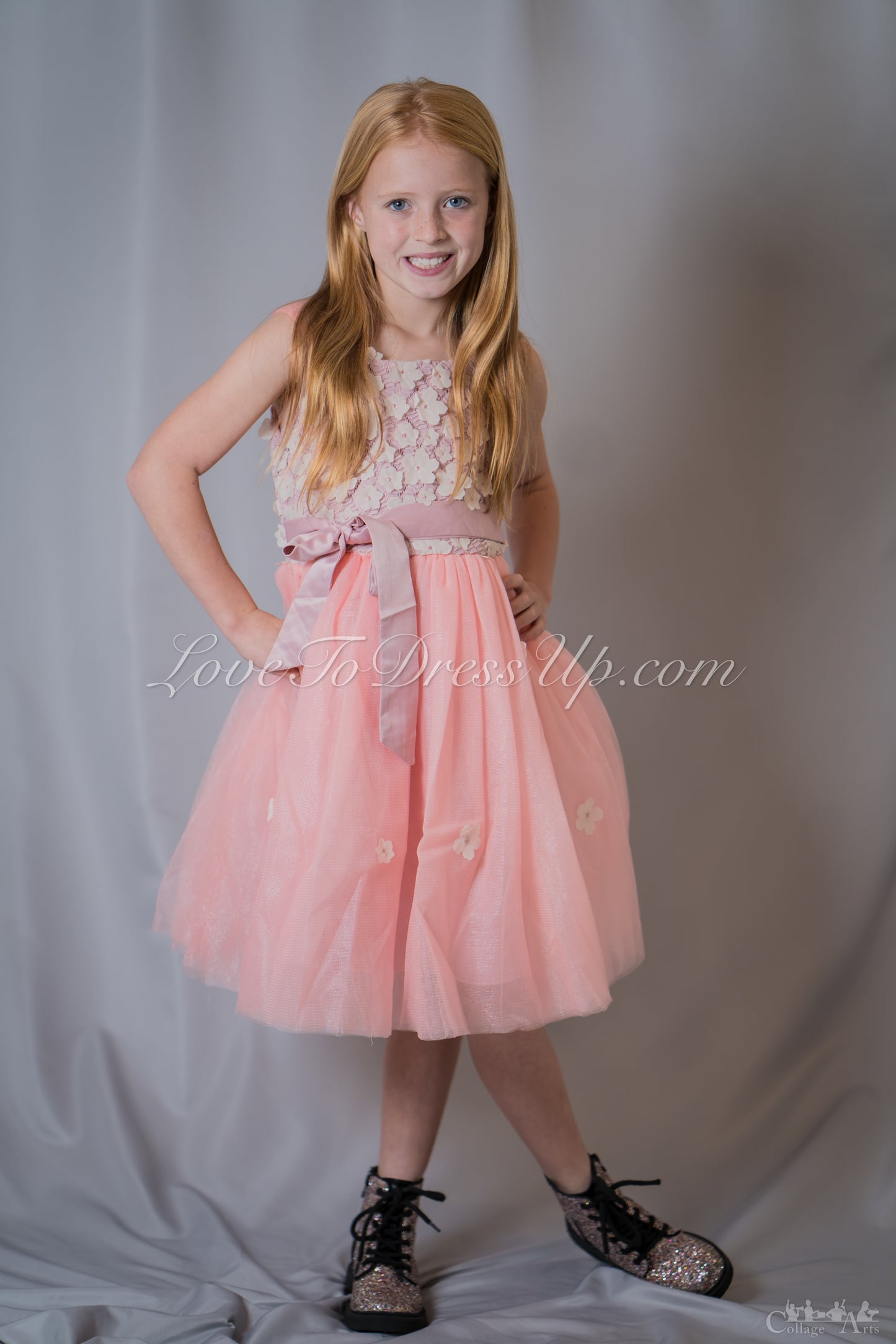 Flowers Appliqué Peach Shiny Tulle Dress