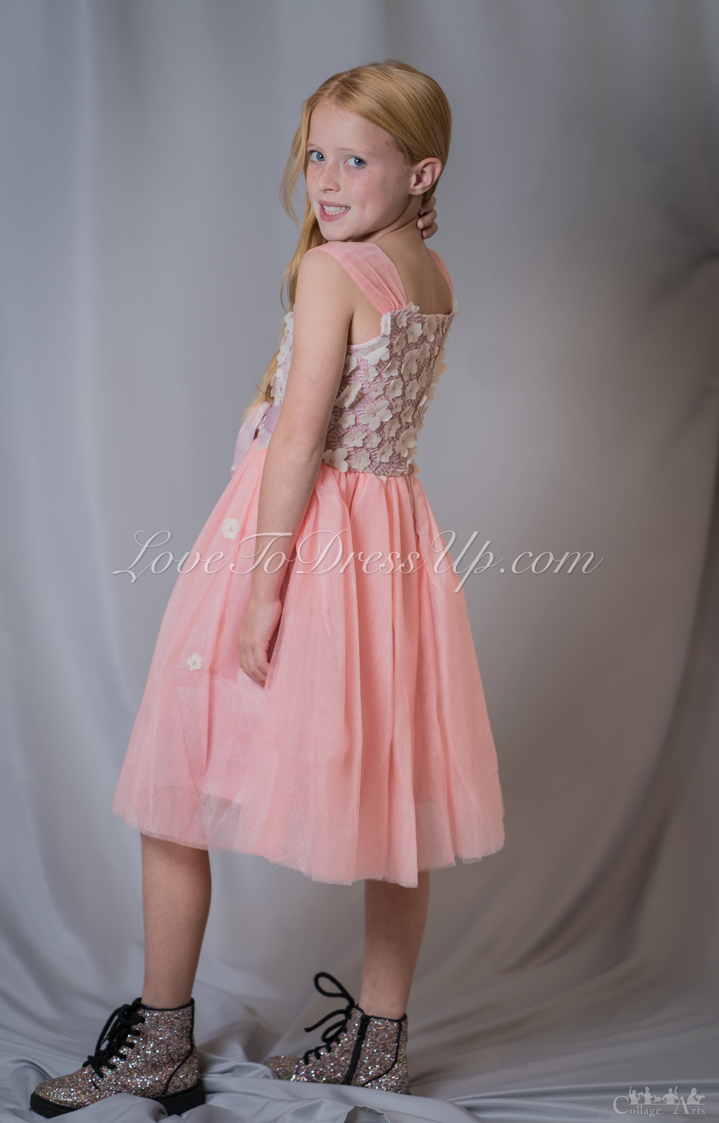 Flowers Appliqué Peach Shiny Tulle Dress