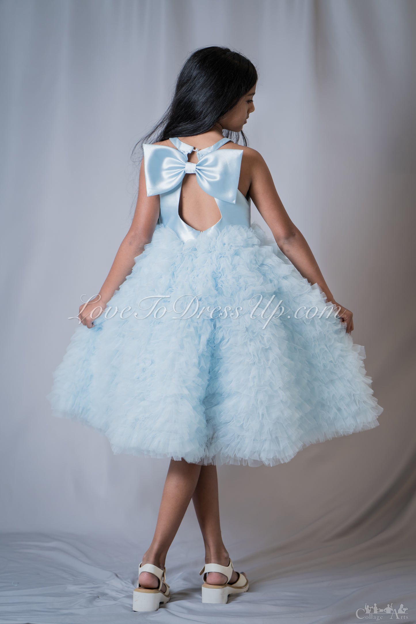 Blue Fluffy Tulle Dress with Detachable Bow