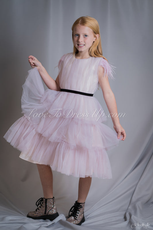 Lavender Ruffle Dress with Feather Sleeves