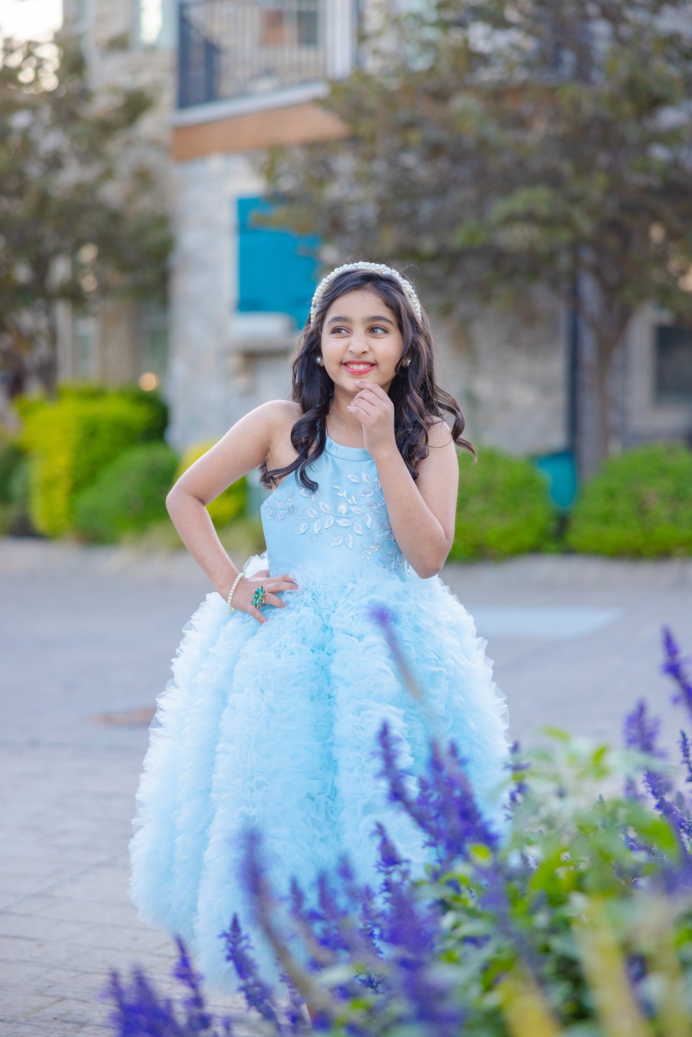 Blue Fluffy Tulle Dress with Detachable Bow