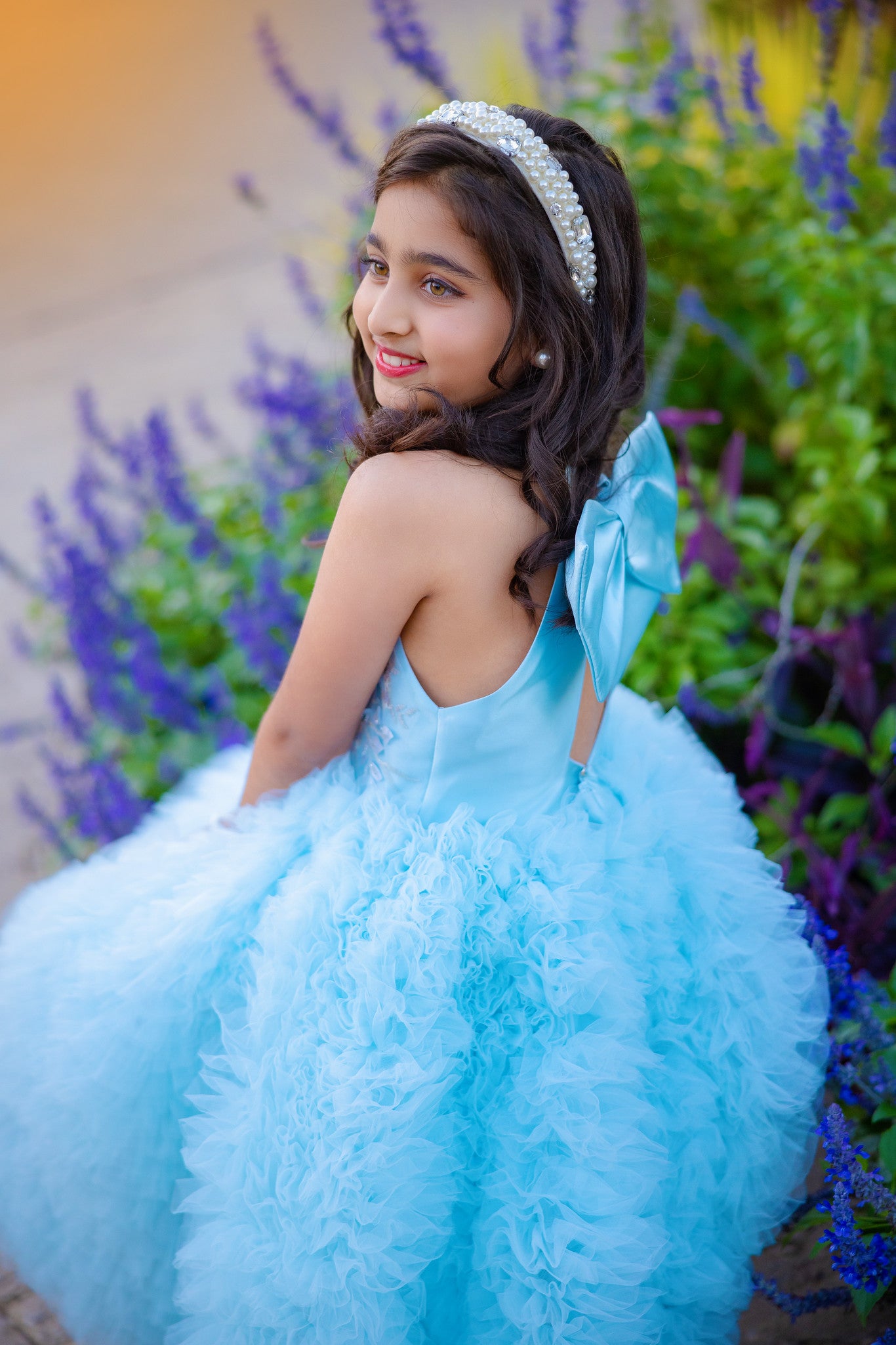 Blue Fluffy Tulle Dress with Detachable Bow