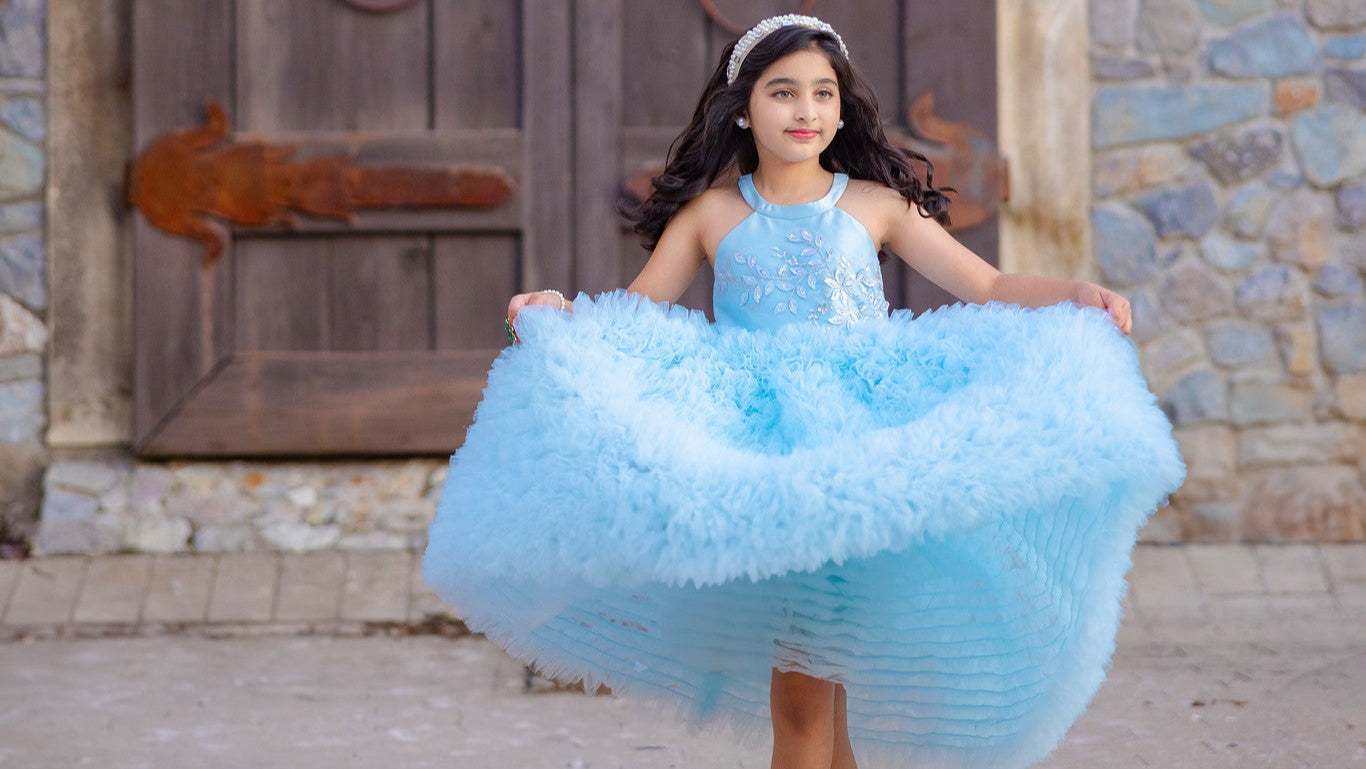 Blue Fluffy Tulle Dress with Detachable Bow
