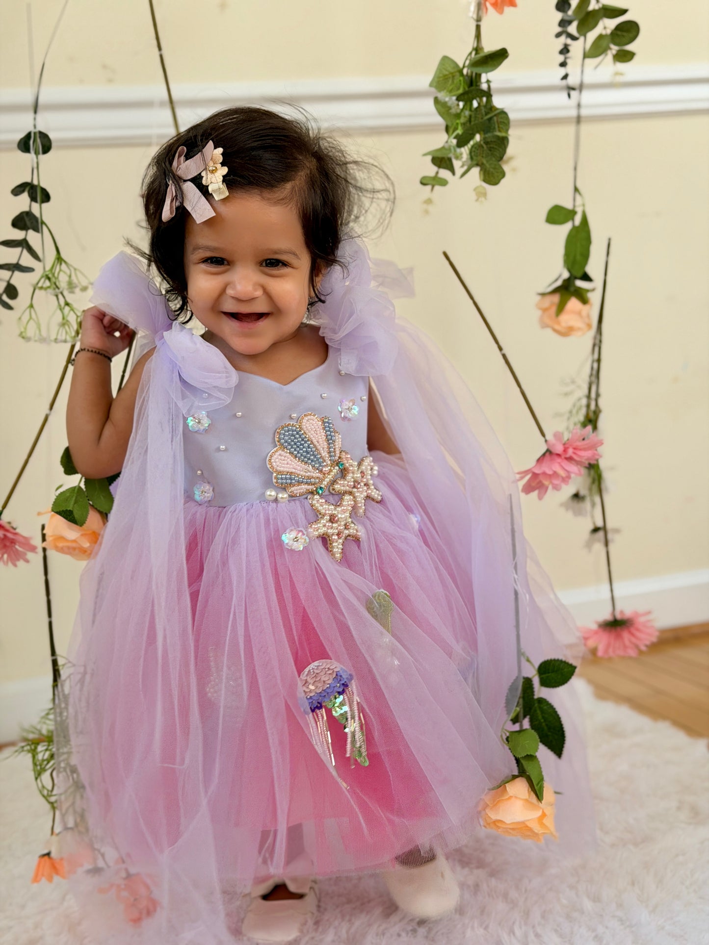 Sea Princess Tulle Dress with Shell Accents and Detachable Bow