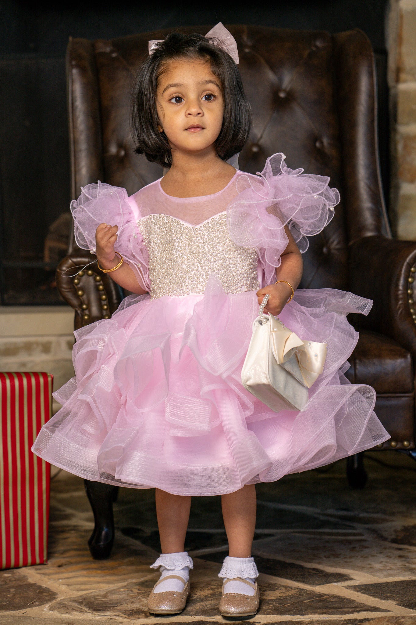 Pearls Embedded Pink Dress with Ruffled Sleeves