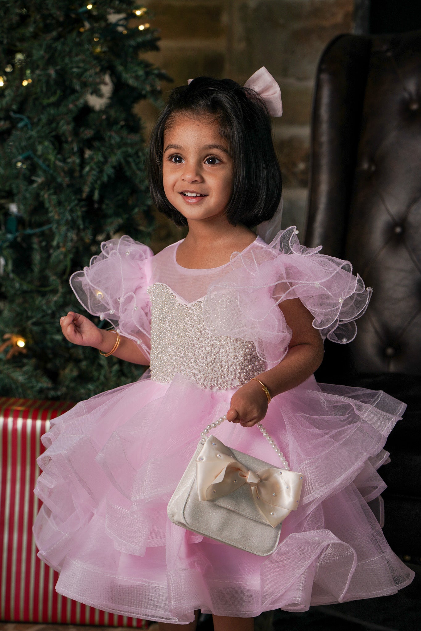 Pearls Embedded Pink Dress with Ruffled Sleeves