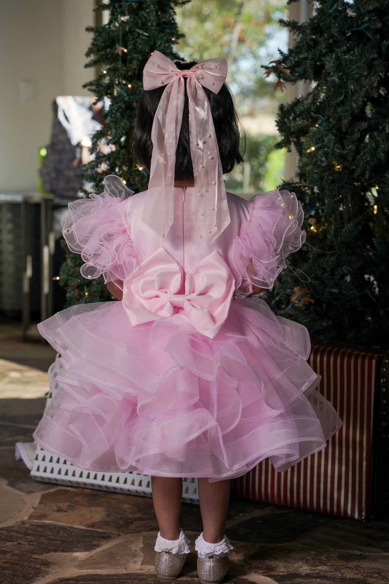 Pearls Embedded Pink Dress with Ruffled Sleeves