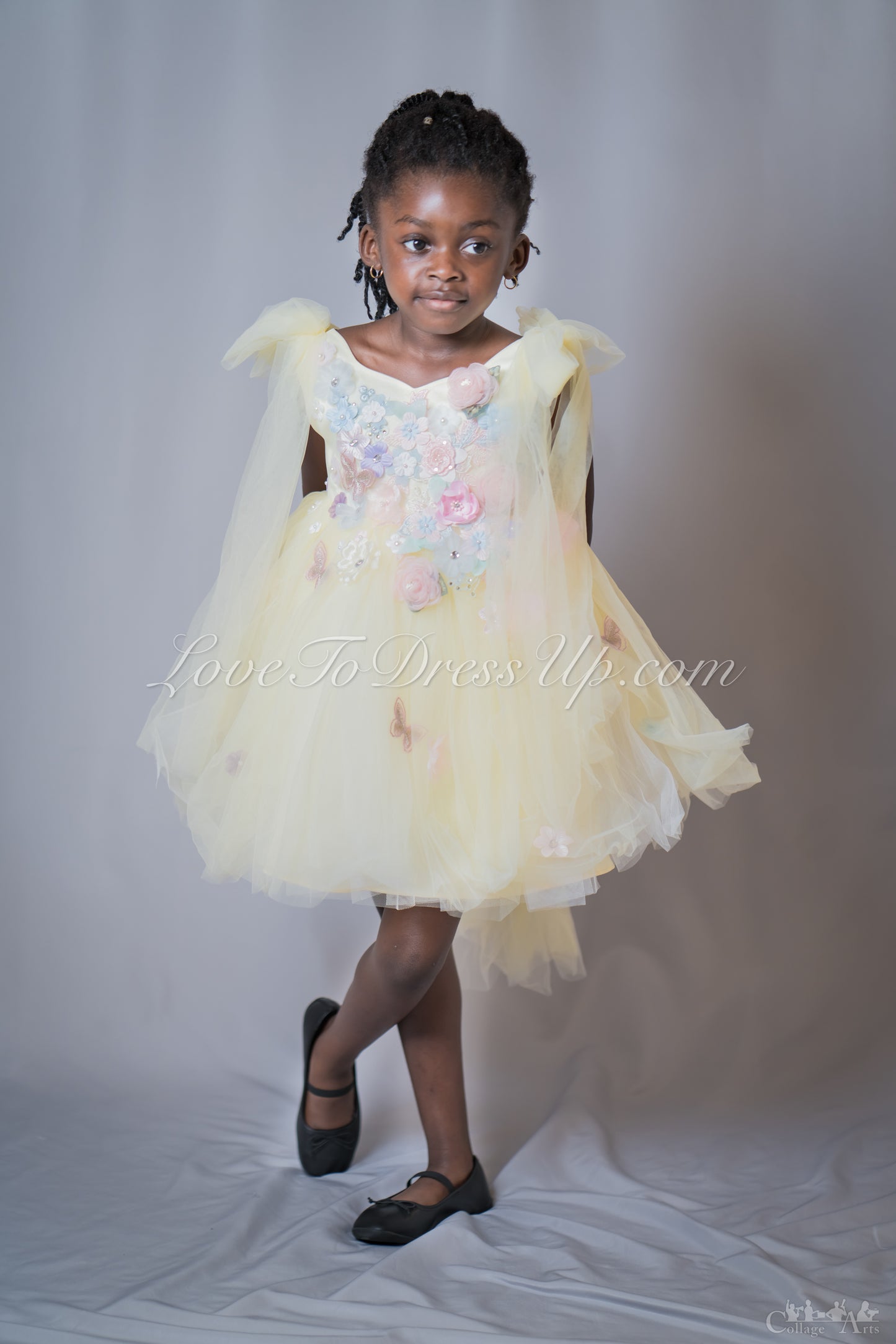 Pre-Order: Yellow 3D Floral Dress with Detachable Veil Bow