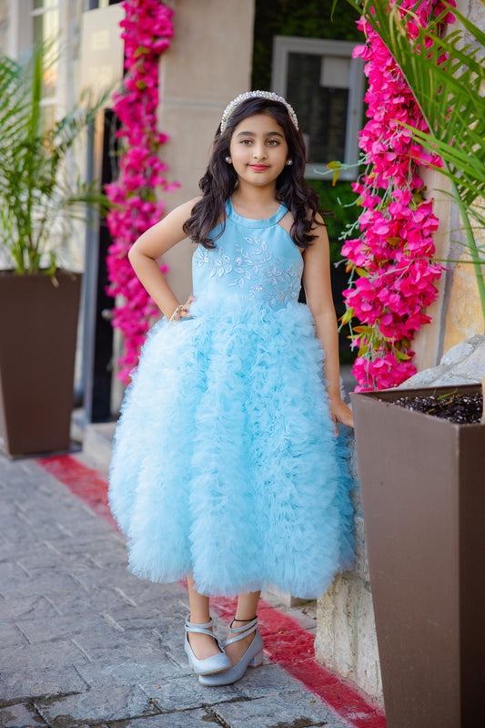 Blue Fluffy Tulle Dress with Detachable Bow