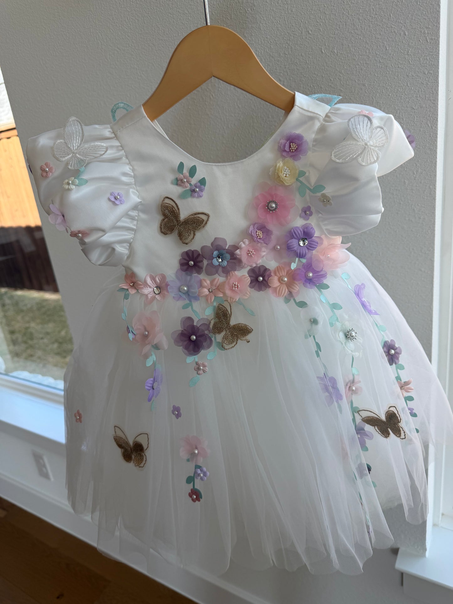White 3D Floral Dress with Butterfly Wings with sleeves