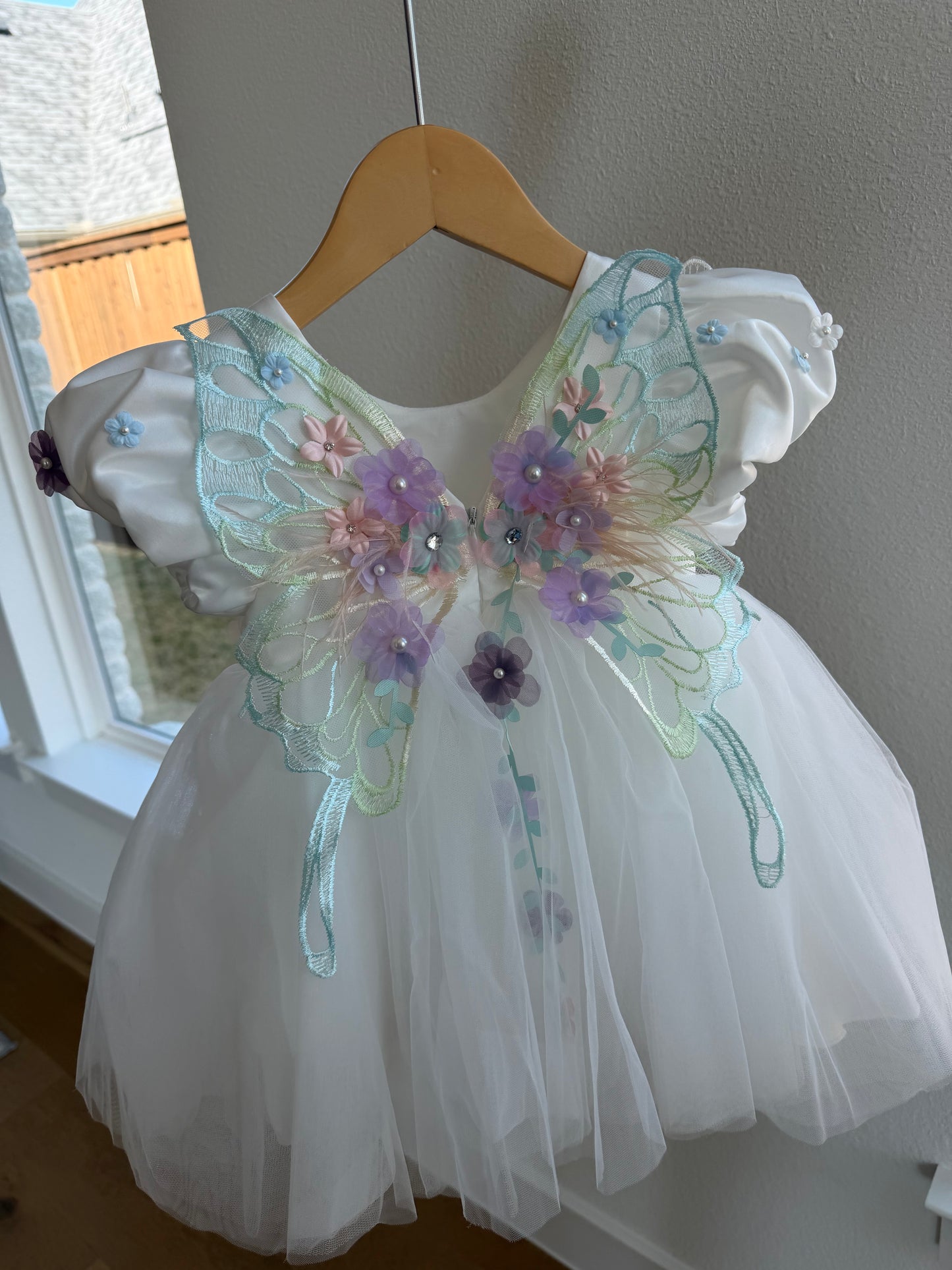 White 3D Floral Dress with Butterfly Wings with sleeves