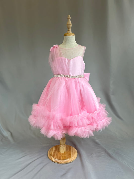 Pink Ruffles Dress with Pearl Belt