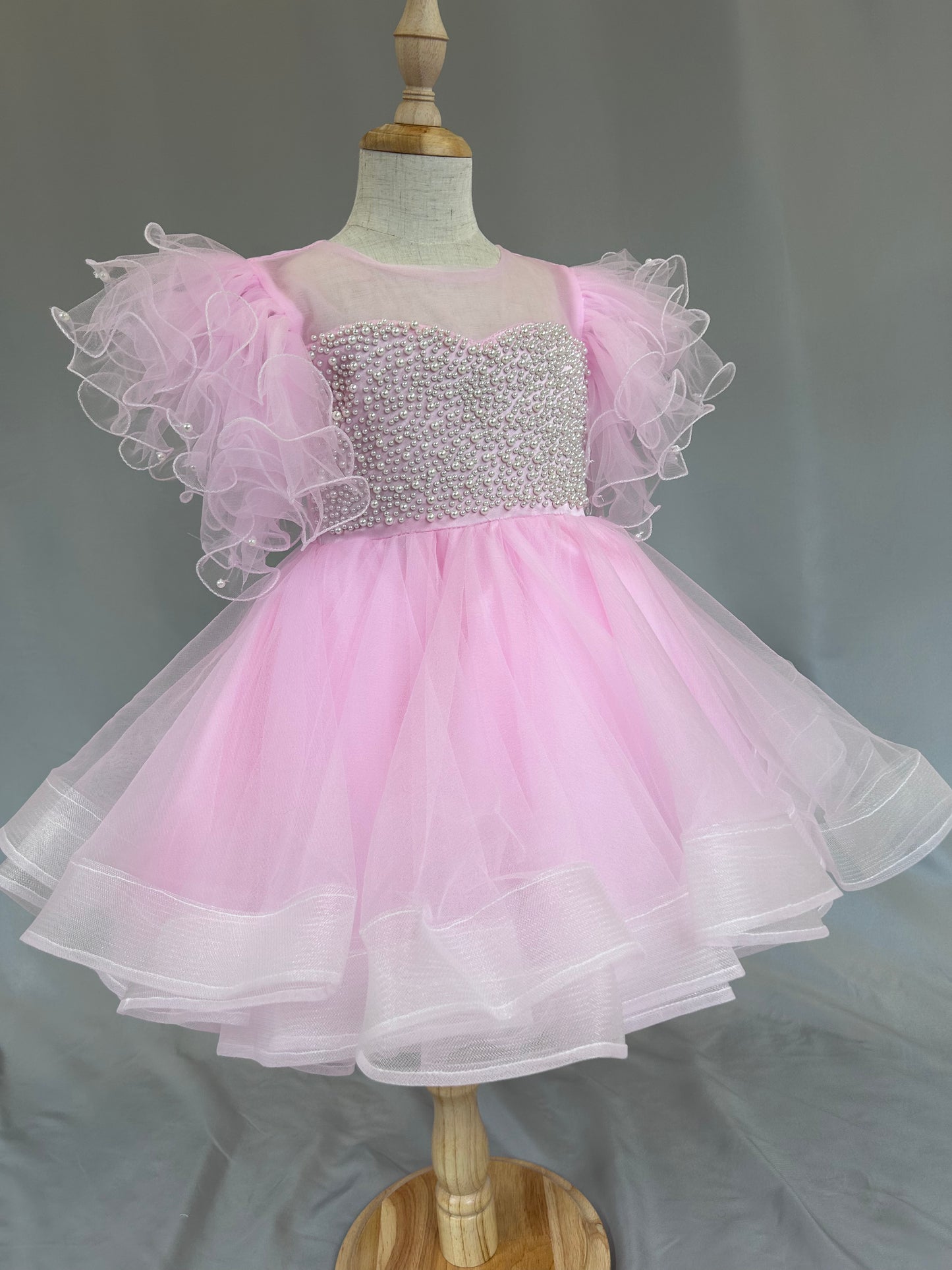 Pre-Order: Pearls Embedded Pink Dress with Ruffled Sleeves