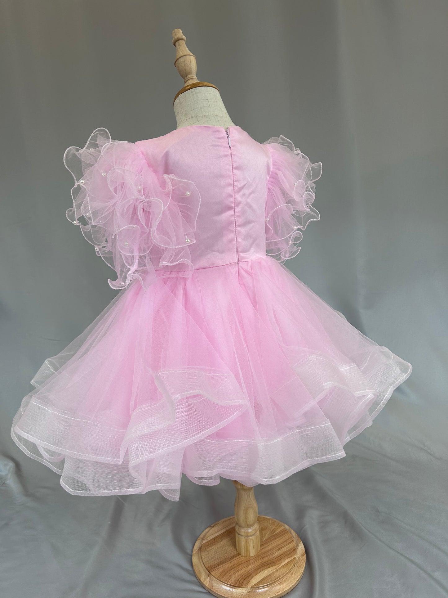 Pre-Order: Pearls Embedded Pink Dress with Ruffled Sleeves