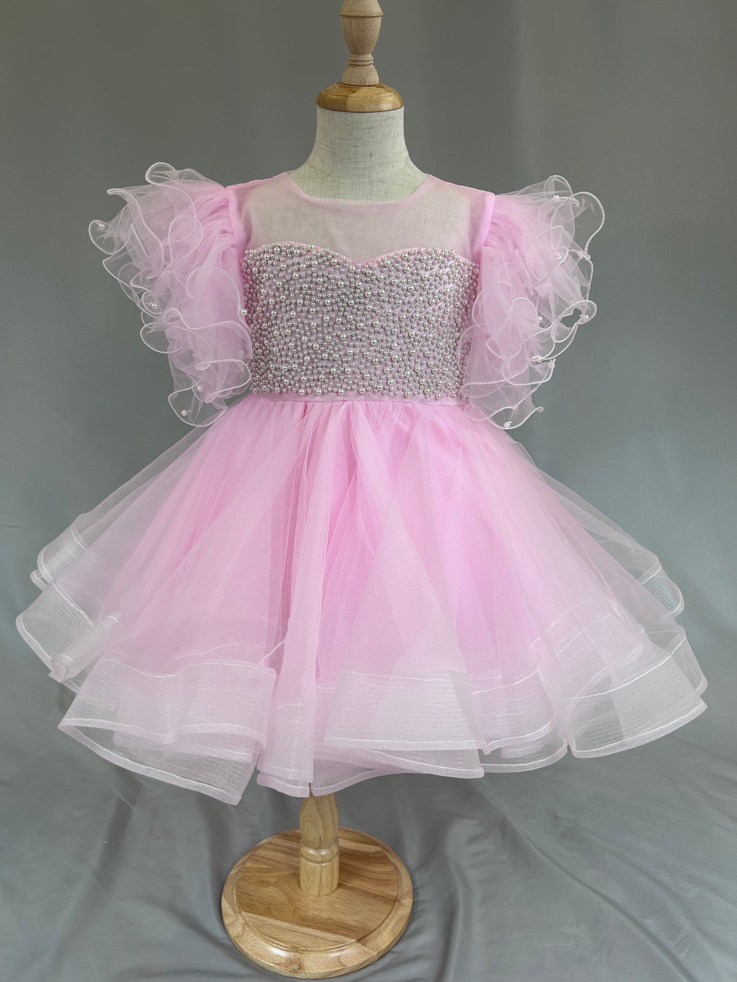 Pre-Order: Pearls Embedded Pink Dress with Ruffled Sleeves